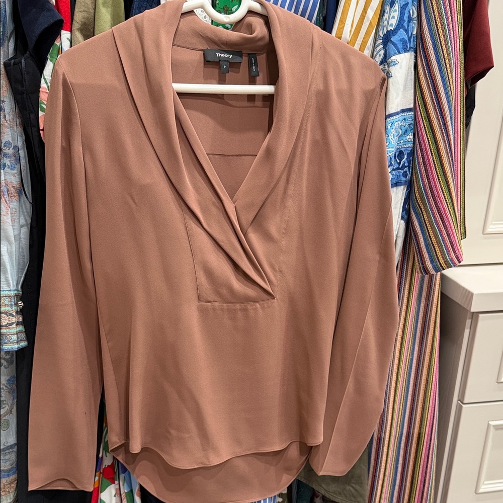 Theory Mauve-Brown Long-Sleeve Draped V-Neck Blouse